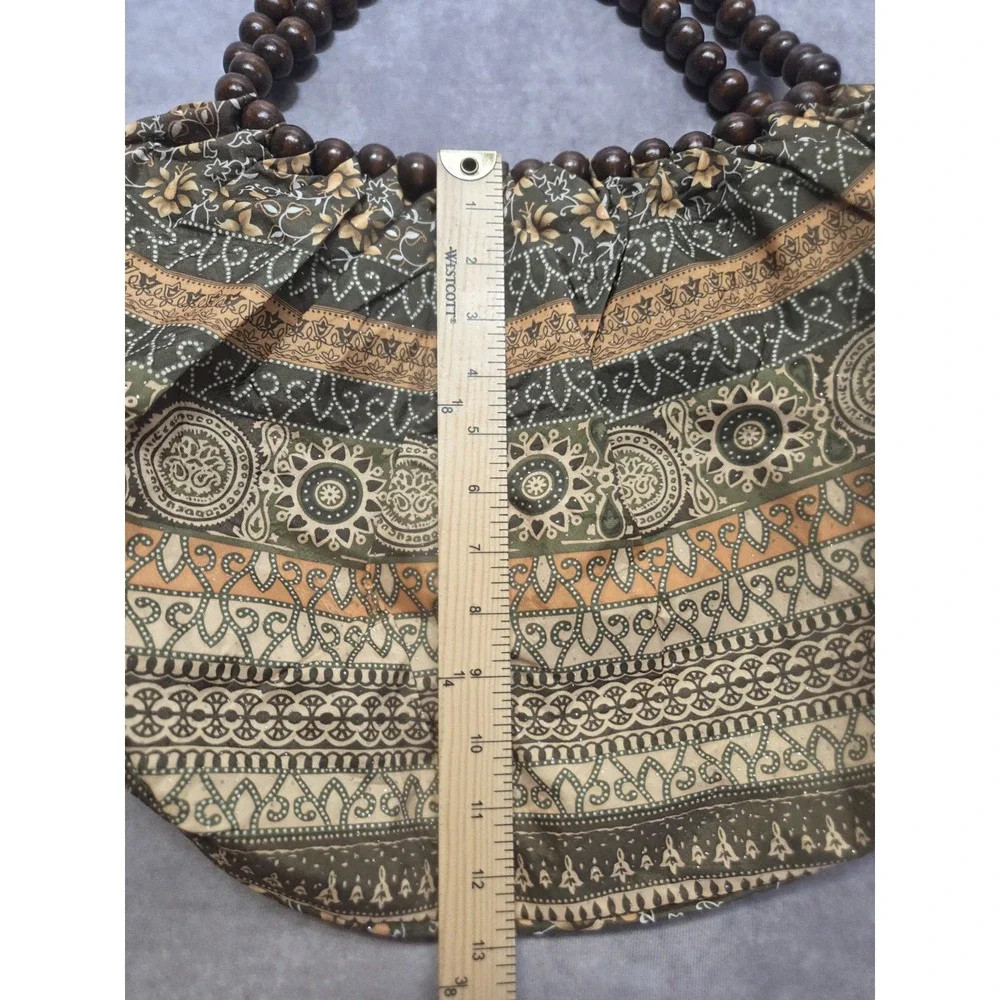 Bohemian Hippie Hobo Beaded Handle Green Floral Patterned Whimsical Bag